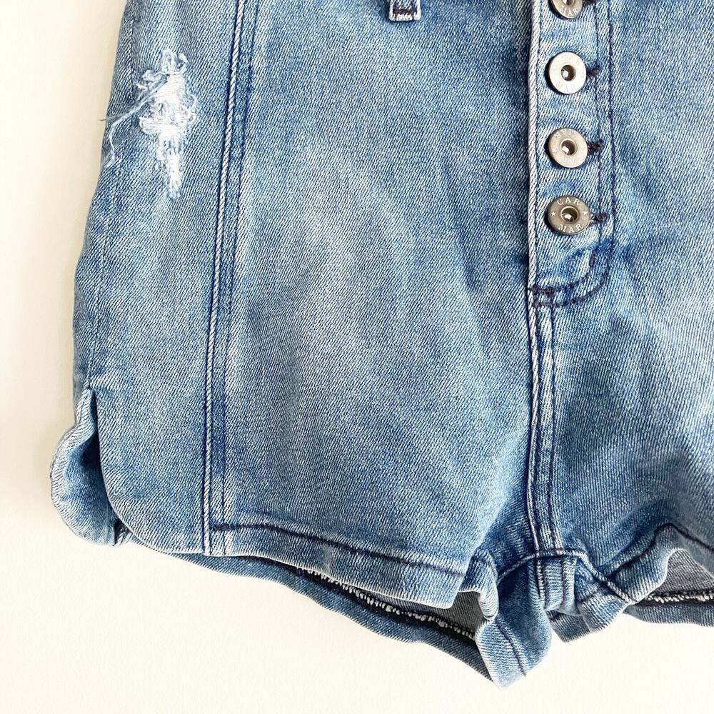 Carmar 28 High Waisted Jean Shorts Exposed Button Fly Blue Denim Distressed - Picture 6 of 7